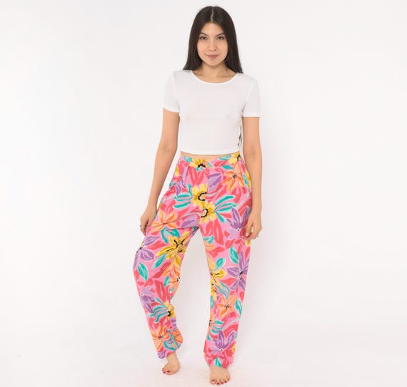 90s Floral Tapered Pants Pink Purple Teal Tropical High Waist Pleated Trousers Colorful Flower Pattern Summer Spring Bottoms Vintage Small S