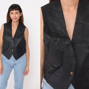 Black Leather Vest 90s Biker Button up Vest Top Rocker Snap Up Sleeveless V Neck Boho Festival Punk Shirt Vintage 1990s Small image 1