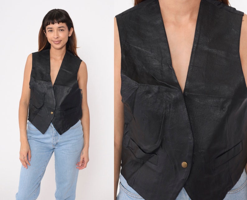 Black Leather Vest 90s Biker Button up Vest Top Rocker Snap Up Sleeveless V Neck Boho Festival Punk Shirt Vintage 1990s Small image 1