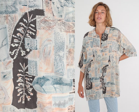 Abstract Floral Blouse 90s Button up Shirt Short Sleeve Tile Flower Leaf Print Top Retro Boho Hippie Statement Vintage 1990s Extra Large xl
