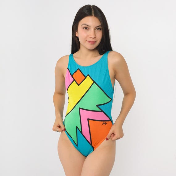 Colorblock Gem Vintage Peter Max Swimsuit 80s One Piece Colorblock G… - Gem