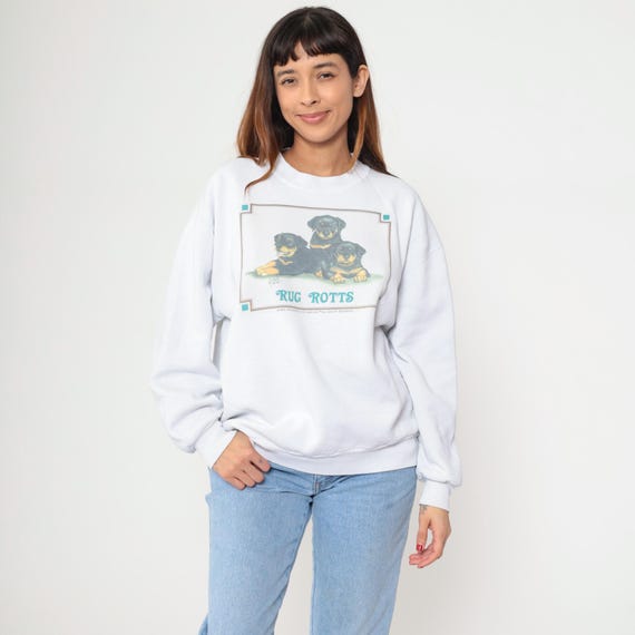 Rottweiler Puppy Sweatshirt 90s White Dog Graphic Crewneck Puppy Print Rug Rotts Animal Vintage Casual Loungewear Streetwear Extra Large XL