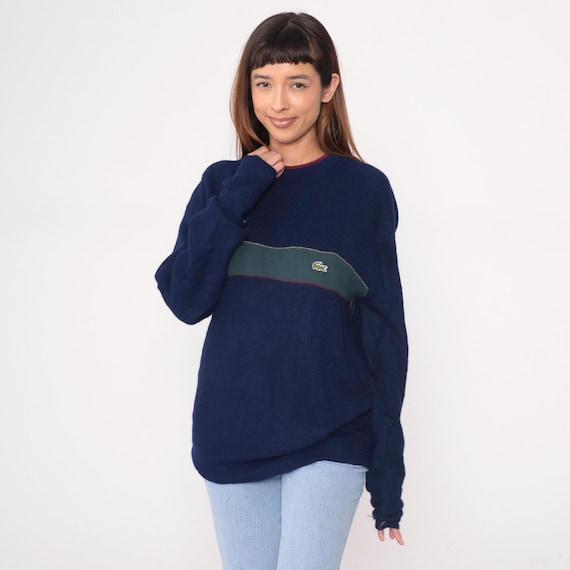 Izod Lacoste Sweater 80s Navy Blue Striped Sweater Green Stripe Crew Neck Preppy Vintage Knit Collegiate Crocodile Tennis Golf Sporty Large