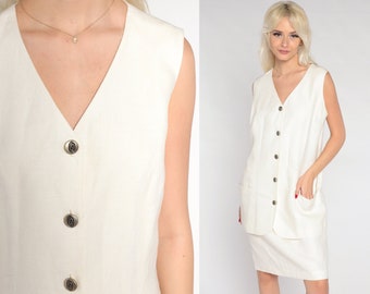 Off-White Linen Dress 90s Mini Dress Sleeveless Button up Shift Secretary Attached Vest 2fer Retro Chic Simple Plain Vintage 1990s Medium 8