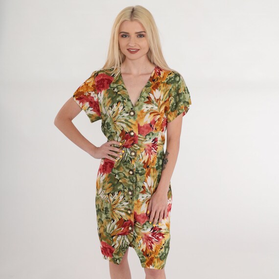 Floral Mini Dress 90s Button Up Day Dress Green Red Orange Watercolor Flower Print Summer Sheath Sun V Neck Short Sleeve Vintage 1990s Small