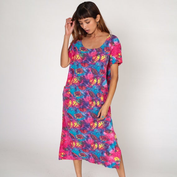 Tie Dye T Shirt Dress Vintage Bright Tropical Dress 90s Leaf Print Graphic Dress 1990s Beach Cover Up Pocket Side Slit Summer Large