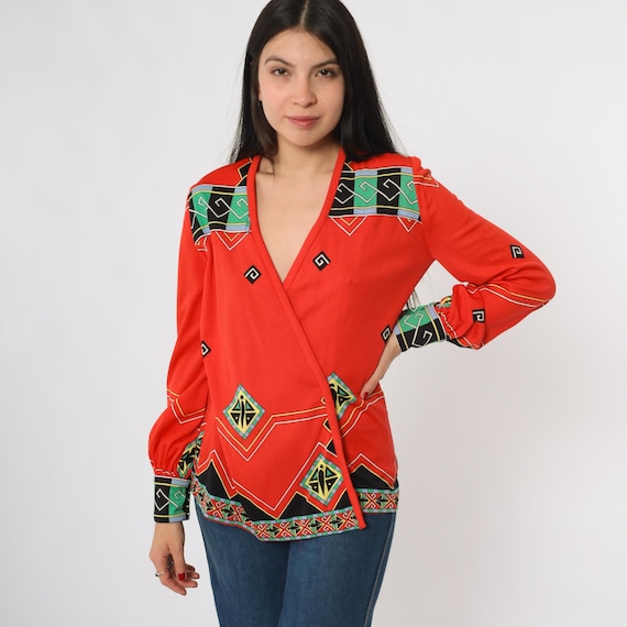 Paganne Gene Berk Blouse Red 60s Wrap Top Paganne Tribal Print Diamond Pattern Long Sleeve V Neck Southwestern Style Mod Hippie Geometric