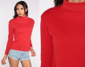 Red Turtleneck Shirt 90s Long Sleeve Shirt Boho Grunge Hippie Basic Top Normcore Pullover Simple Plain Layering Vintage 1990s Medium