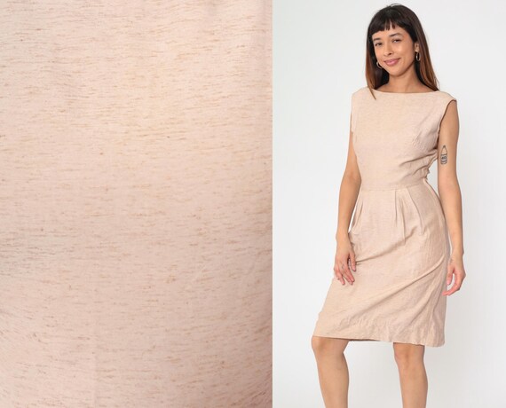 60s Cocktail Dress Blush Wiggle Dress 1960s Hourglass Sheath Mad Men Secretary Midi Pencil Boatneck Vintage High Waist Sleeveless Small
