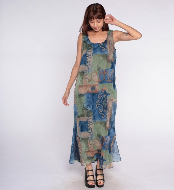 Patchwork Grunge Dress 90s Blue Green Brown Tan Sleeveless Block Pattern Swirl Vintage Hippie Festival Summer Flowy Sundress Medium M
