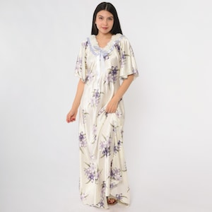 Hawaiian Muumuu Dress Y2K Cream Purple Floral Lounge Dress Flutter Sleeves Ruffled Collar Relaxed Fit Tropical Extra Large XL 16