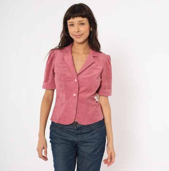 Mauve Puff Sleeve Blazer 80s Pink Short Sleeve Jacket Notched Lapel Fitted Cuffed Rose Faux Suede Blush Cropped Feminine Vintage Top Small S