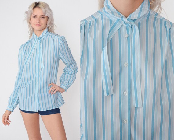 Striped Ascot Blouse 70s Necktie Top Blue White Pussy Bow Shirt Button Up Boho Long Puff Sleeve Neck Tie Secretary Vintage 1970s Medium 8