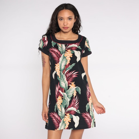 Hawaiian Mini Dress 80s Black Floral Dress Shift Dress 1980s Button Up Tropical Dress Vintage Bohemian Short Sleeve Small S