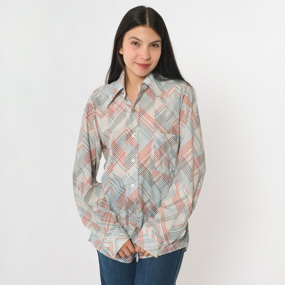 Vintage 70s Checkered Shirt White Button Up Disco Shirt Dagger Collar Retro Long Sleeve Top Seventies Preppy 1970s Men's Medium M