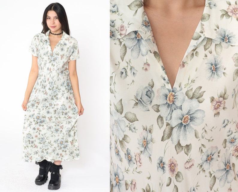 Floral Grunge Dress 90s Off-White Floral Dress Boho Midi Dress V Neck Collared 1990s Sheath Bohemian Bloom Print Light Short Sleeve Large image 1