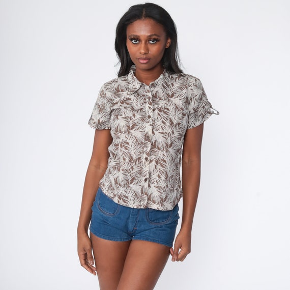 Feather Print Shirt Novelty Print Blouse Boho 70s Disco Shirt Hippie Bohemian 1970s Short  Sleeve Vintage Button Up Top Brown Small S