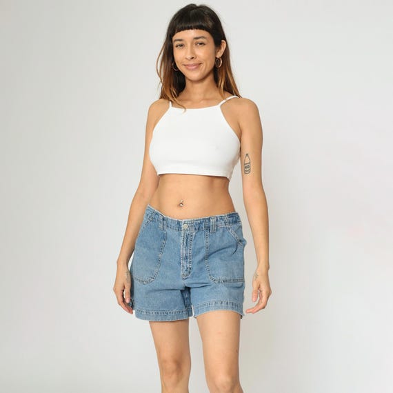 Vintage Cargo Jean Shorts 90s Carpenter Shorts Blue Denim Shorts High Waisted Bottoms 1990s Retro Elastic Waist Medium Large