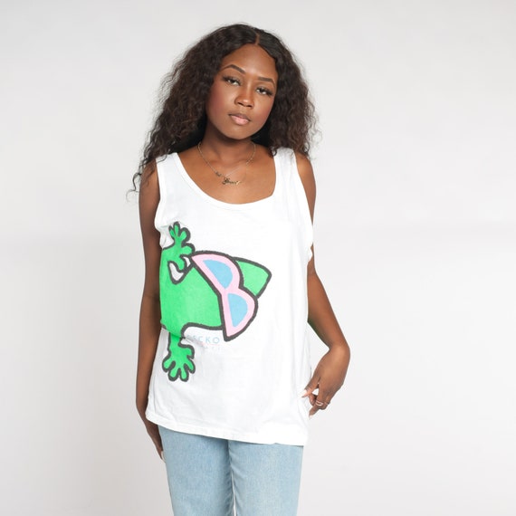 Gecko Hawaii Tank Top 90s Hawaiian Lizard Shirt Retro Sleeveless Graphic Tee Surfer Front Back Print Single Stitch White Vintage 1990s Large