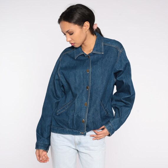 Dark Denim Jacket 80s Blue Jean Jacket Button Up Trucker Coat Retro Hipster Normcore Basic Biker Dark Wash Vintage 1980s Streetwear Large L
