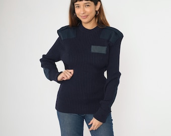 Vintage Military Wool Sweater Navy Blue 80s Ribbed Knit Tactical
