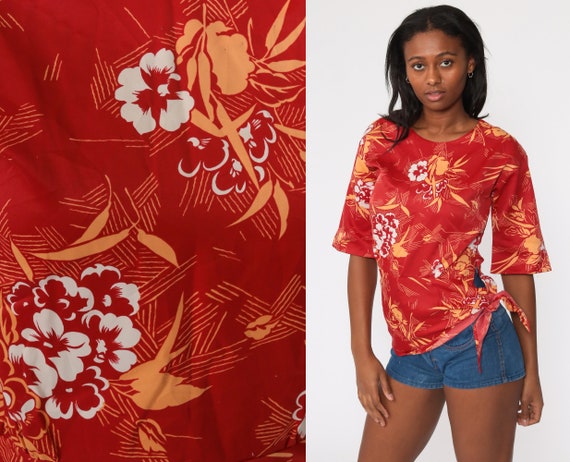Hawaiian Floral Tunic Top 70s Mini Red Floral Print Tie Waist Shirt Hippie Boho Tropical Vintage 1970s Bohemian Small S