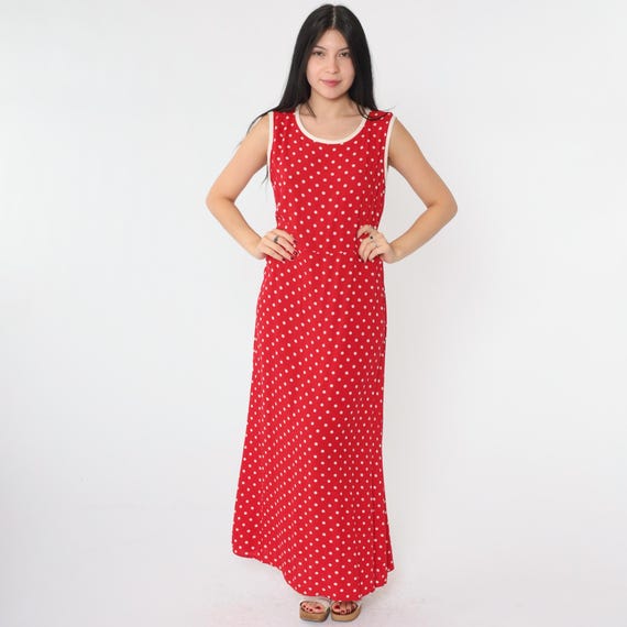 Vintage Polka Dot Dress 90s Red White Maxi Dress Retro Sleeveless Day Dress High Waisted Preppy Casual 1990s Medium 10