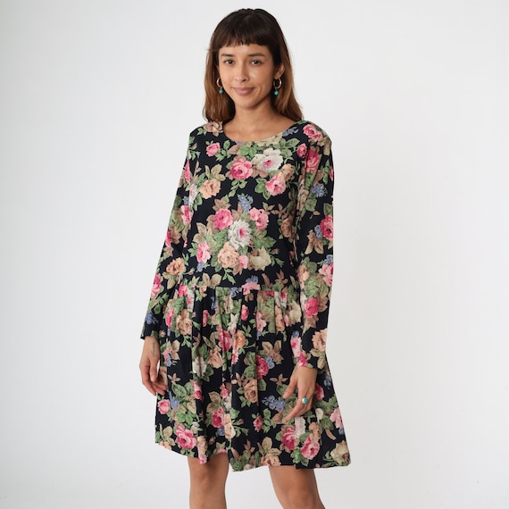 90s Floral Dress Black Drop Waist Mini Dress Boho Rose Flower Print Low Waisted Retro Cotton Button Back Long Sleeve Vintage 1990s Small S