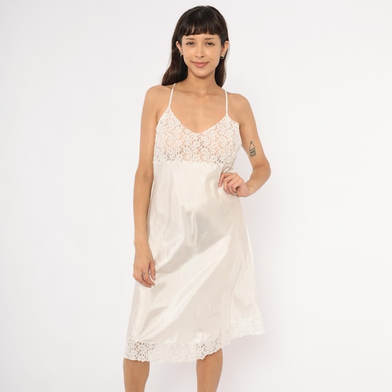 White Lace Slip Dress 2000s Satin Nightgown Floral Sheer Bodice Ivory Midi Chemise Coquette Lingerie Cream Boudoir Bridal Loungewear Large L