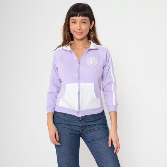 Lavender Track Jacket 80s Sasson Zip Front Racing Stripe White Purple Athletic Vintage Long Sleeve Windbreaker Pastel Feminine Cute Small S