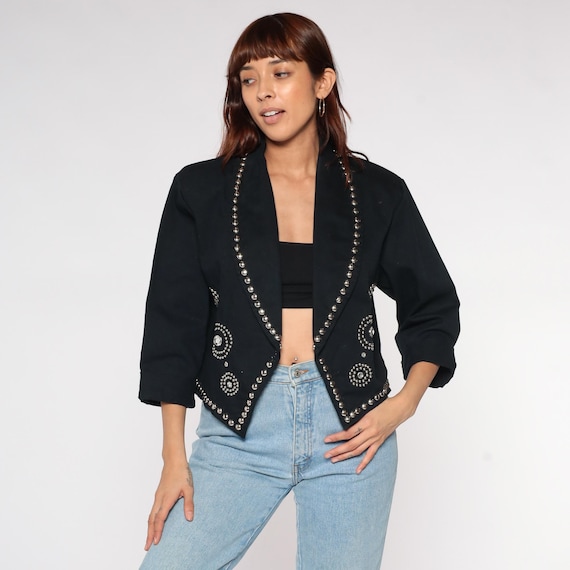 Studded Rhinestone Blazer 90s Black Silver Metal Studs Molato Cotton Goth Alternative Rock Western Gothic Wear Day Jacket Large L