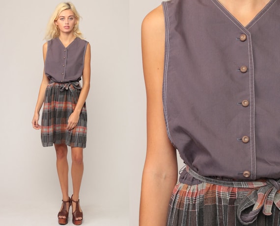 Grey Mini Dress Plaid Checkered Print High Waist 70s Secretary Dress LOW ARMHOLE Vintage Sleeveless Belted Preppy Retro Extra Large xl