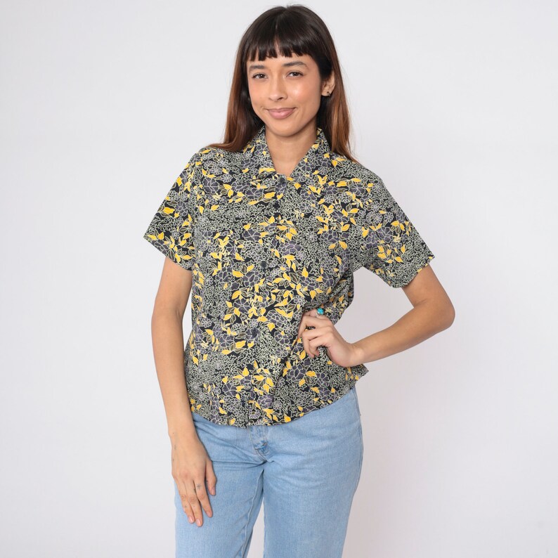 Black Floral Blouse 90s Button Up Shirt Retro Short Sleeve Top Flower Print Casual Hippie Summer 1990s Vintage Purple Yellow Small S image 2