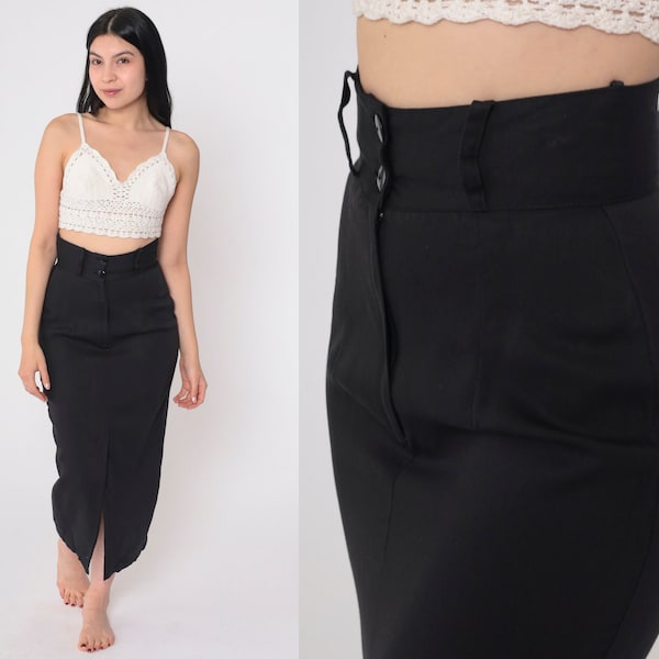 Long Black Skirt 90s Pencil Skirt Ultra High Waisted Ankle Length Maxi Skirt Front Slit Basic Plain Vintage 1990s Wrapper Extra Small xs