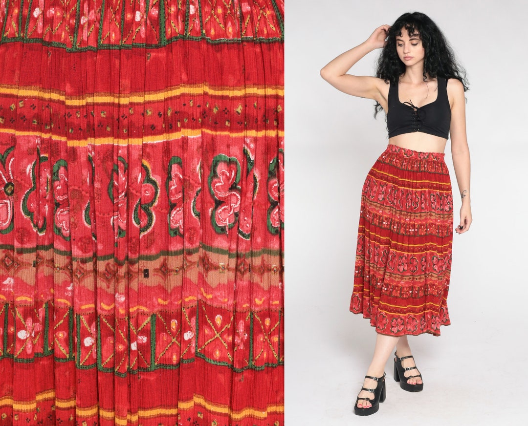 Broomstick Floral Skirt 90s Red Beaded Skirt Boho Midi Skirt Hippie