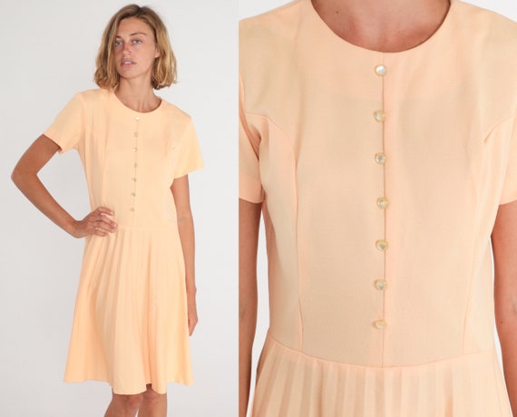 Peach Dress 70s Pleated Day Dress Button Up Short… - image 1