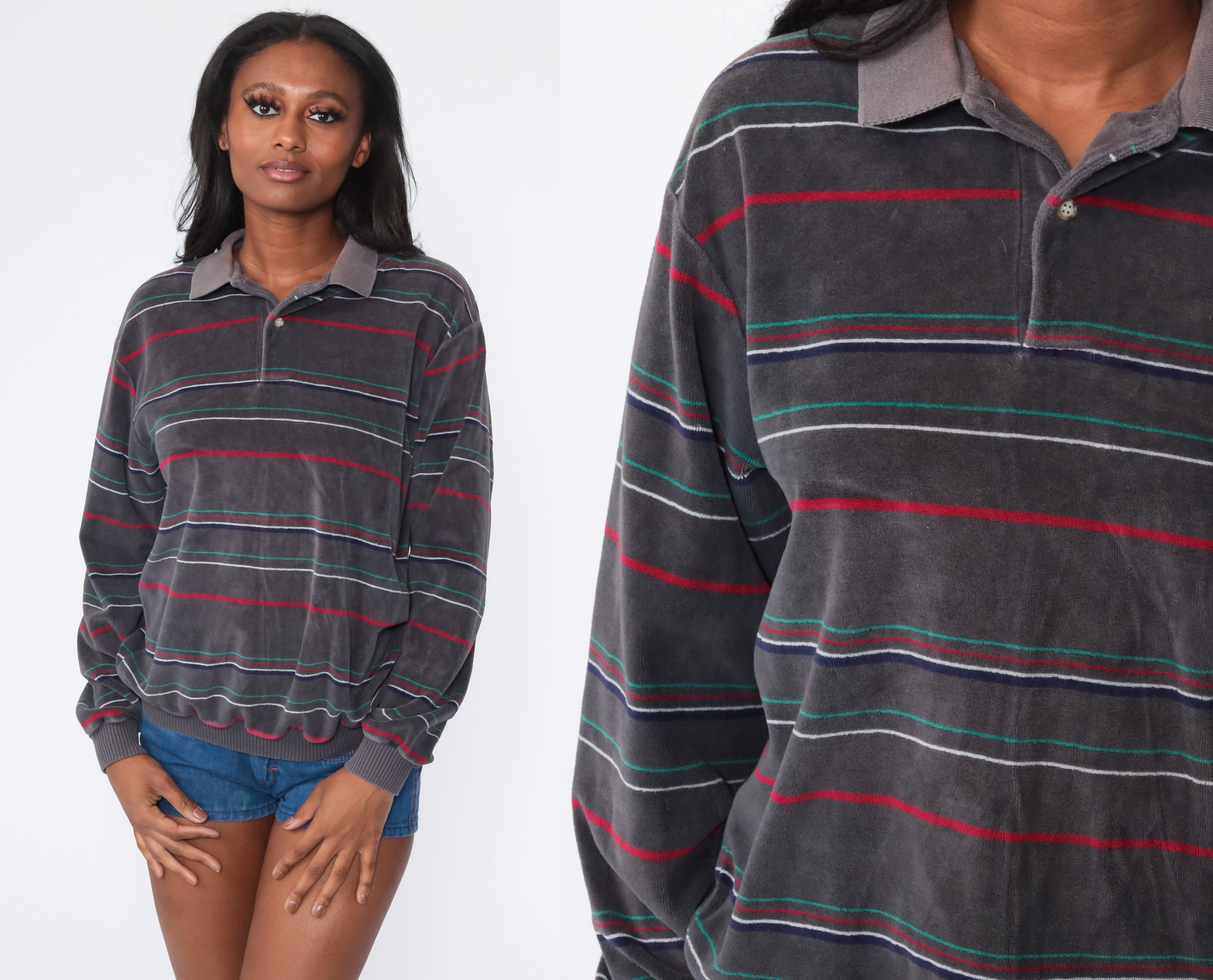 Striped Velour Sweatshirt 80s 