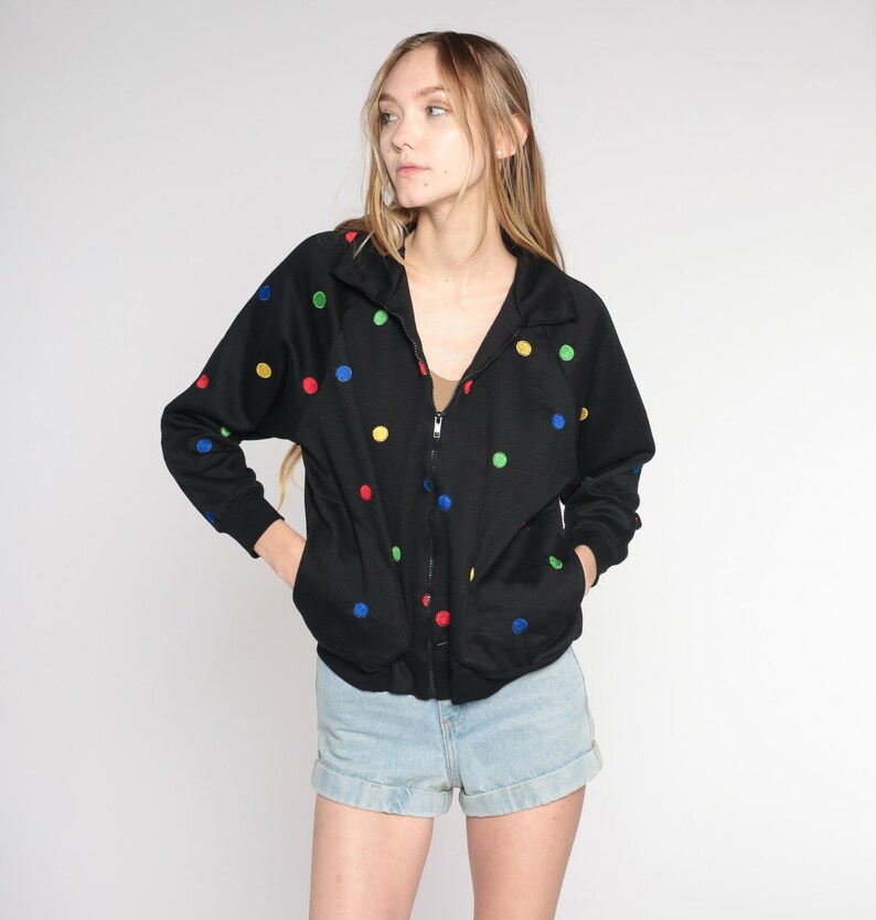 Polka Dot Jacket Y2K Black Zip Up Windbreaker Jacket Retro Basic Plain Simple Sporty Streetwear Red Green Yellow Blue Vintage 00s Small S image 2