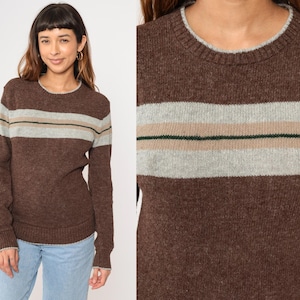 Vintage Brown Striped Sweater 80s Pullover Knit Sweater Retro Crewneck Jumper Acrylic Basic 1980s Small 34/36