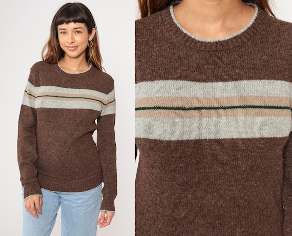 Vintage Brown Striped Sweater 80s Pullover Knit Sweater Retro Crewneck Jumper Acrylic Basic 1980s Small 34/36