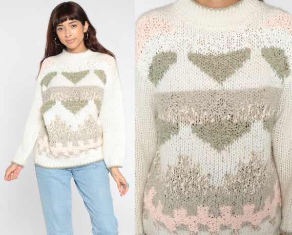 80s Geometric Sweater Sheer White Mock Neck Knit Sweater 1980s Yellow Statement Vintage 90s Pastel Pullover Retro Cozy Baby Pink Small S