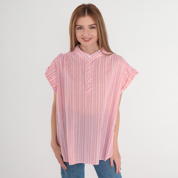Pink Striped Shirt 80s 90s Half Button Up Blouse … - image 4