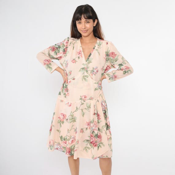 80s Floral Wrap Dress Pastel Pink Midi Dress Long Puff Sleeve Dress Pleated Drop Waist 1980s Vintage Deep V Neck Large L