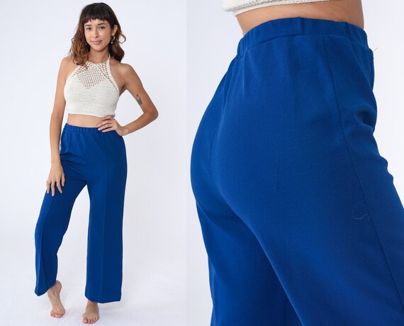 Bell Bottom Pants 70s Royal Blue Pants High Waisted Trousers Boho Flared Polyester 1970s High Waist Hippie Vintage Bohemian Small Medium