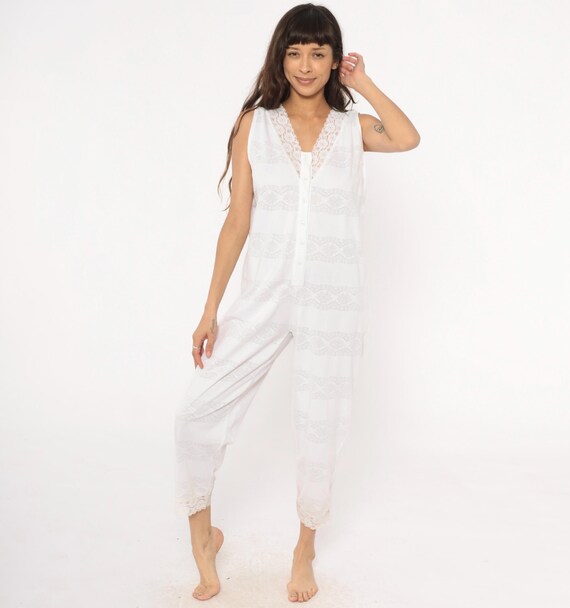 White Lace Jumpsuit 90s Sleeveless Cropped Ankle Length Cottagecore Fairycore Nightie Loungewear Romantic Vintage Cotton One Piece Medium M