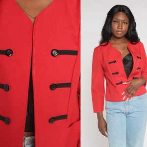 Red Blazer Jacket 80s Cropped Jacket Open Front Retro Boho Preppy Decorative Button Formal Marching Band Cocktail Vintage 1980s Small S image 1