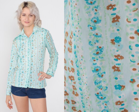 Blue Floral Blouse 70s Disco Shirt Button Up Top Dagger Wing Bohemian Long Sleeve Collared Brown Flower Print Striped Vintage 1970s Medium M