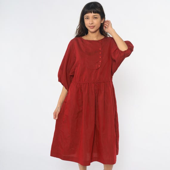 80s Red Dress Puff Sleeve Prairie Cottagecore Gathered Waist Full Skirt Vintage Burgundy Rust Balloon Sleeve Drop Waist Casual Medium M