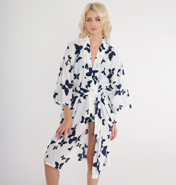 Butterfly Kimono 90s White Robe Jacket Tie Front Asian Inspired Print Boho Mini Japanese House Coat Vintage 1990s Medium Extra Large M L XL