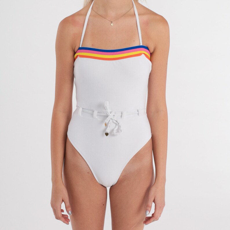 Juicy Couture Swimsuit Y2K One Piece Bathing Suit White Multicolor Striped Halter Swim Suit Open Back Belt 2000s Swimwear Vintage 00s Small image 7